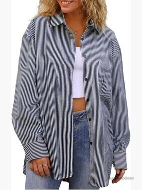 Cotton Blend Striped Button Down Shirt Long Sleeve Oversized Blouse